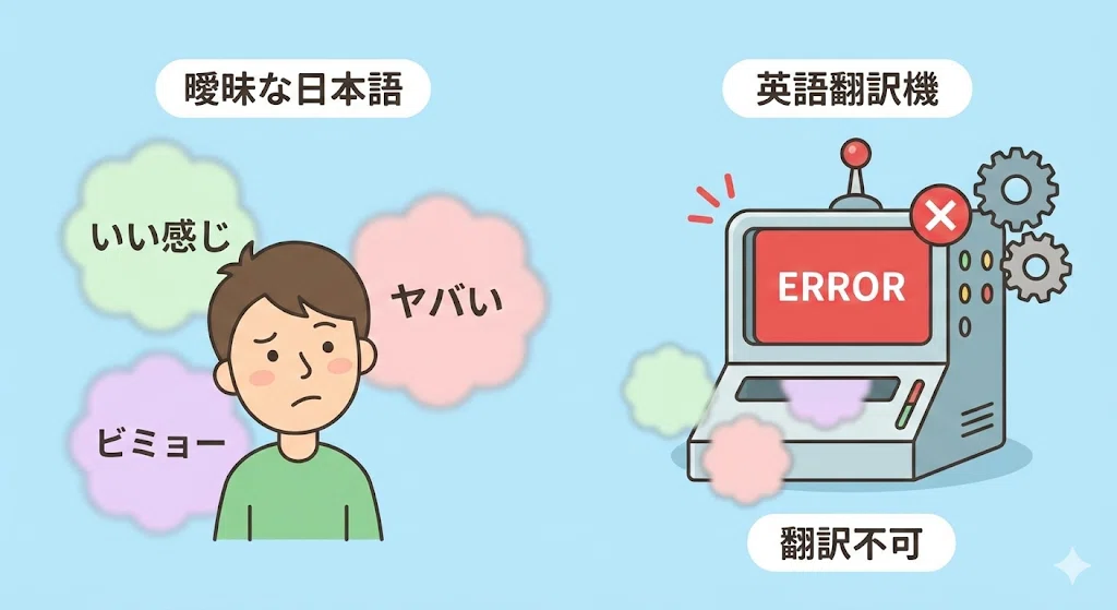 「いい感じ」「ヤバい」といった曖昧な日本語は形がないため、英語への変換機にかけてもエラーになってしまう様子を描いた図解。