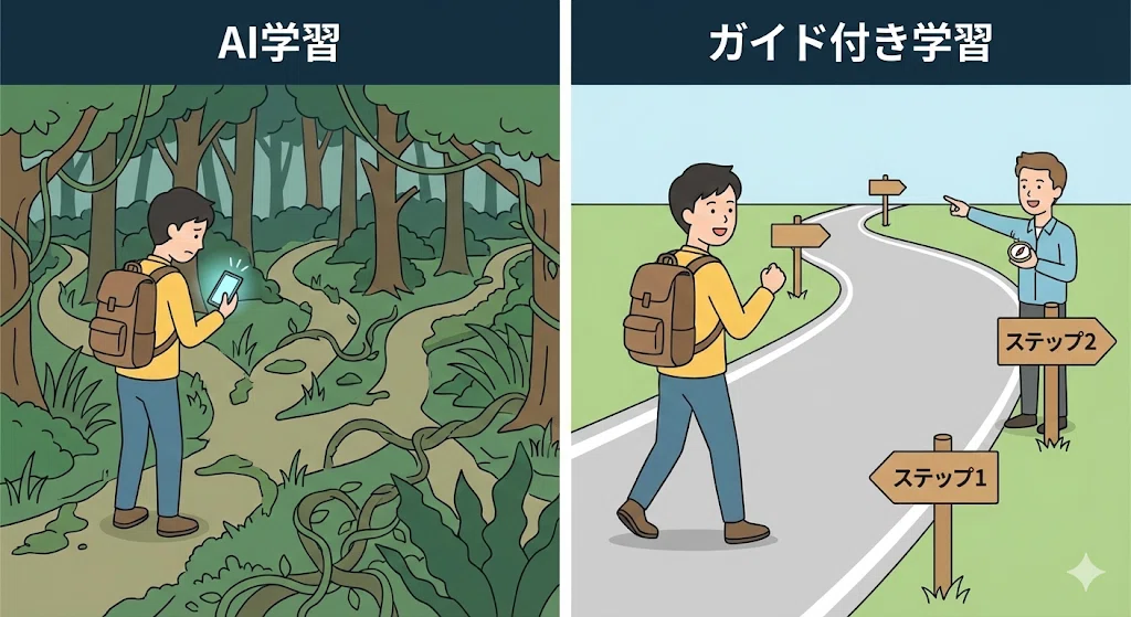 AI学習は高機能だが地図がなく迷いやすい森、プロに習う学習は道標があり迷わず進める舗装された道であることを比較したイラスト。