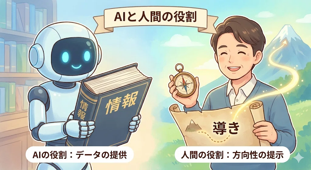 AIは情報を提供する「図鑑」であり、人間の講師は進むべき方向を示す「ガイド」であることを表現したイラスト。