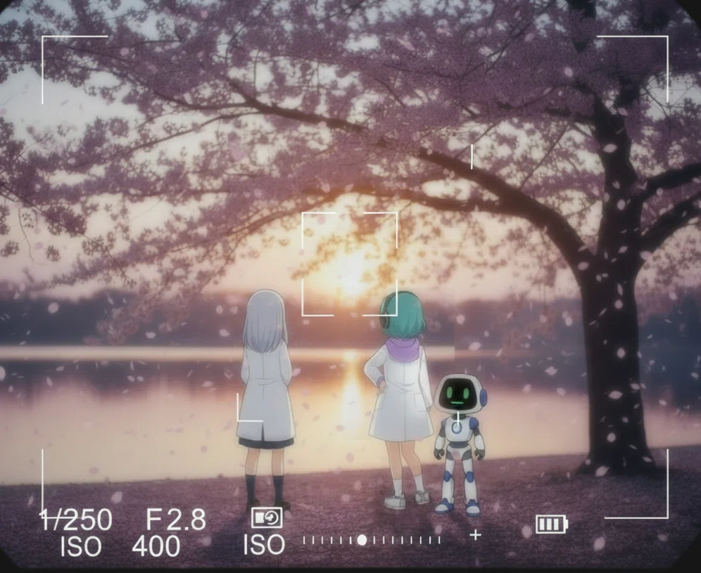 夕焼けを眺めるジェミ美、パイちゃん、ぐろっ君
