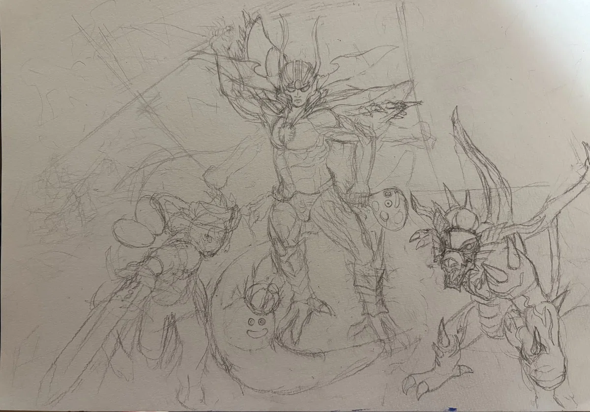 はぐれメタルキングと闇竜シャムダの絵を描く｜奇人