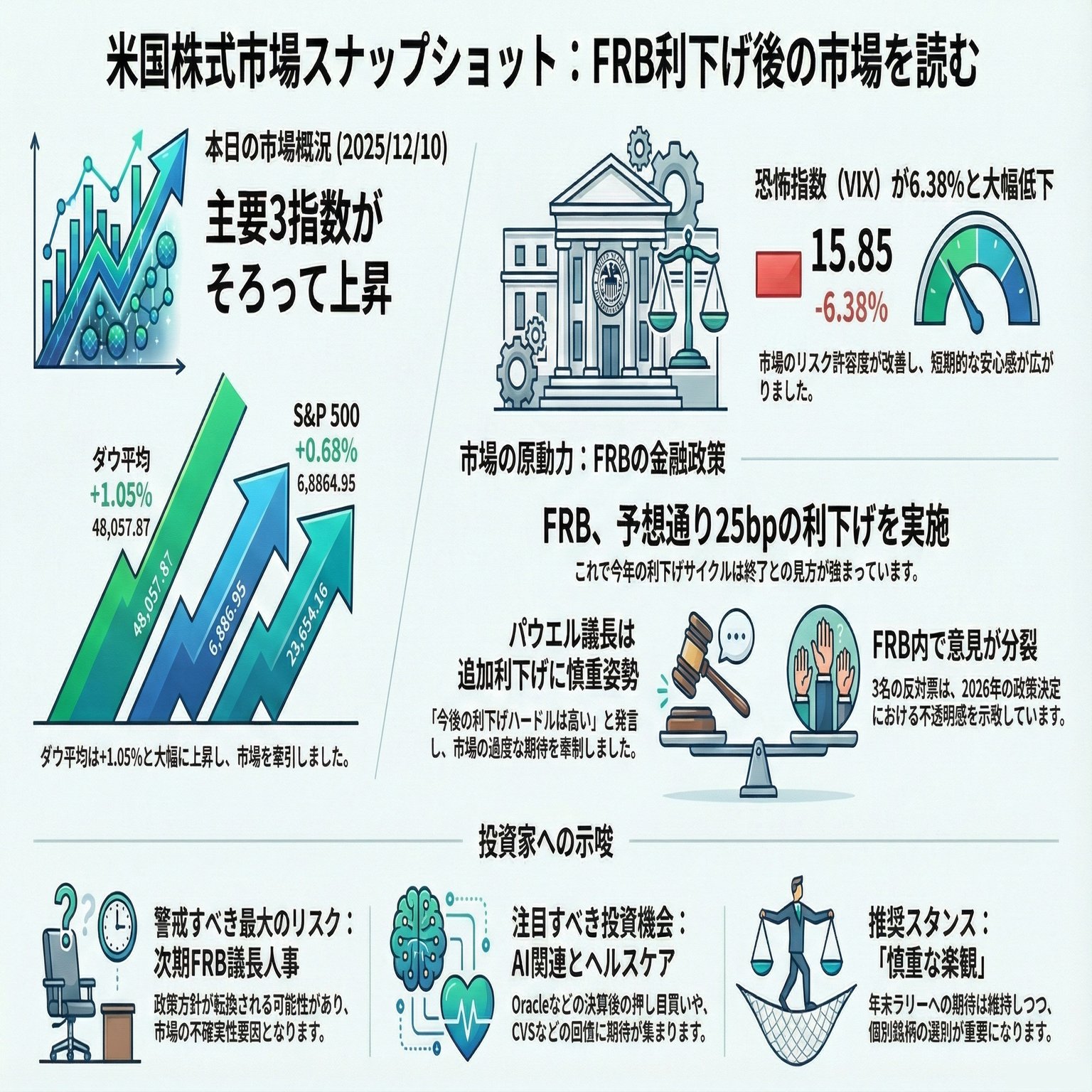 FRB利下げ完了で株価 上昇も、「慎重な楽観」が市場を支配する理由：米国市場マーケット・スナップショット（2025-12-11）｜ヒロ・シルバのマーケット・インテリジェンス