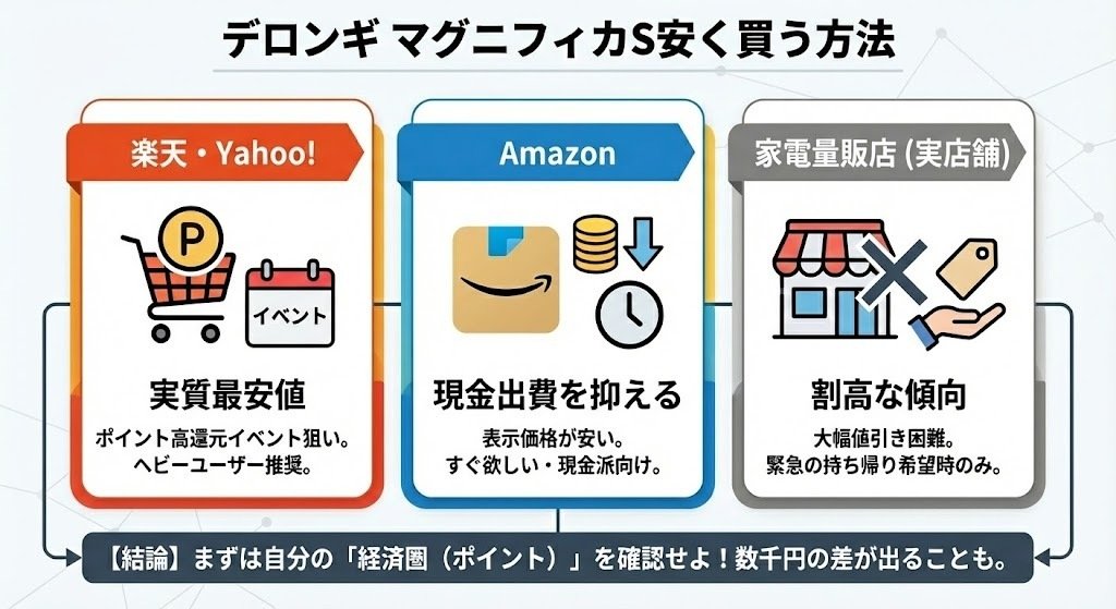 デロンギ マグニフィカSの最安値はどこ？安く買う方法と「実質半額」で