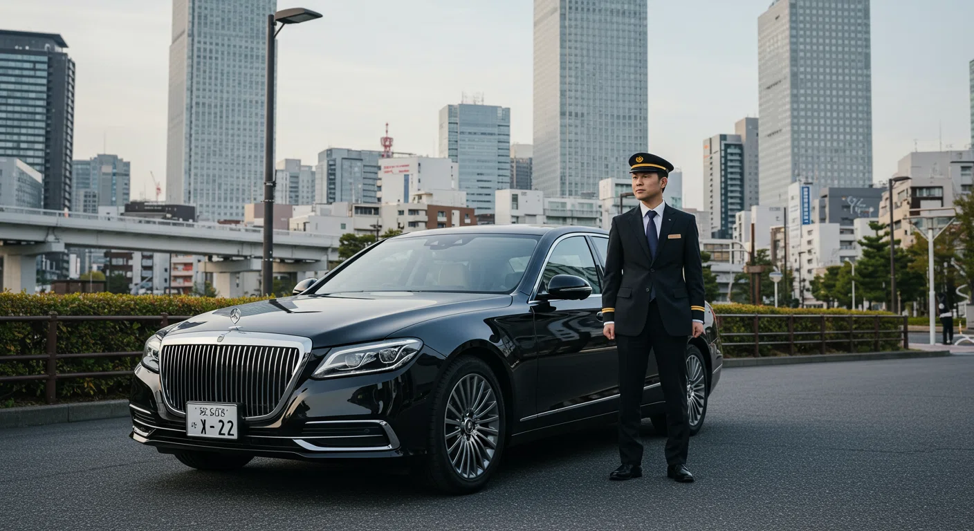 高級車と専属ドライバーが東京の高層ビル街で待機している様子