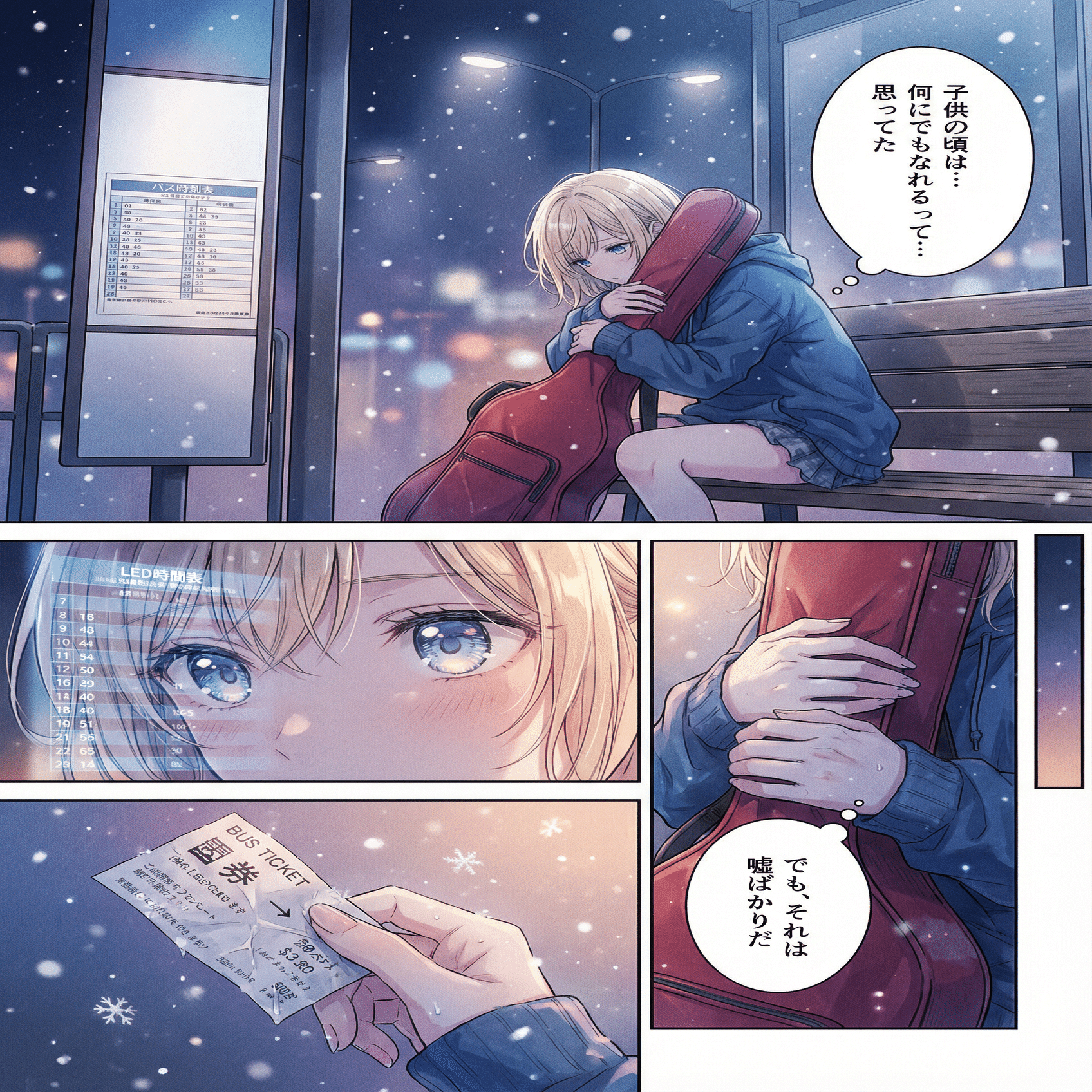 冬のバス停に、夢のカケラを歌う【画像生成AI / 4コマ漫画 / 短編