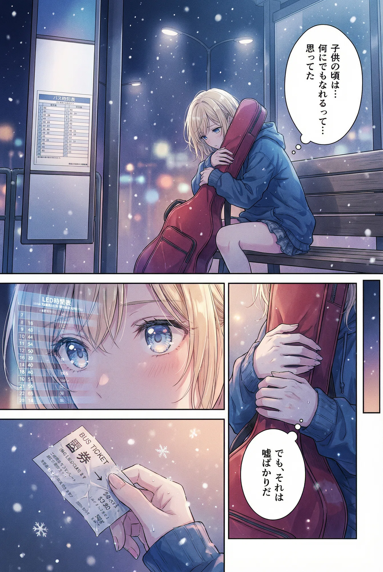 冬のバス停に、夢のカケラを歌う【画像生成AI / 4コマ漫画 / 短編 冬のバス停に、夢のカケラを歌う【画像生成AI / 4コマ漫画 / 短編