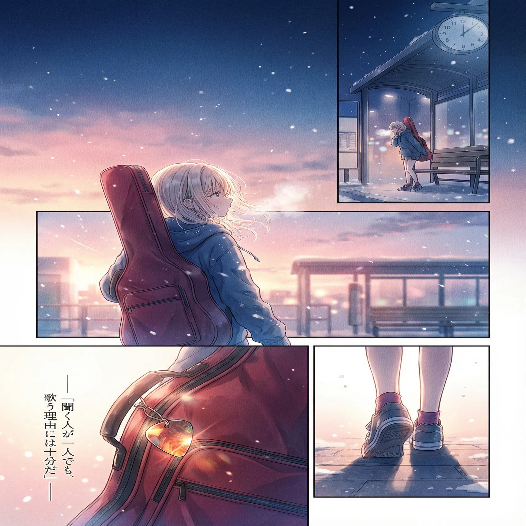 自由を手に入れたらっこ/原画イラスト 冬のバス停に、夢のカケラを歌う【画像生成AI / 4コマ漫画 / 短編