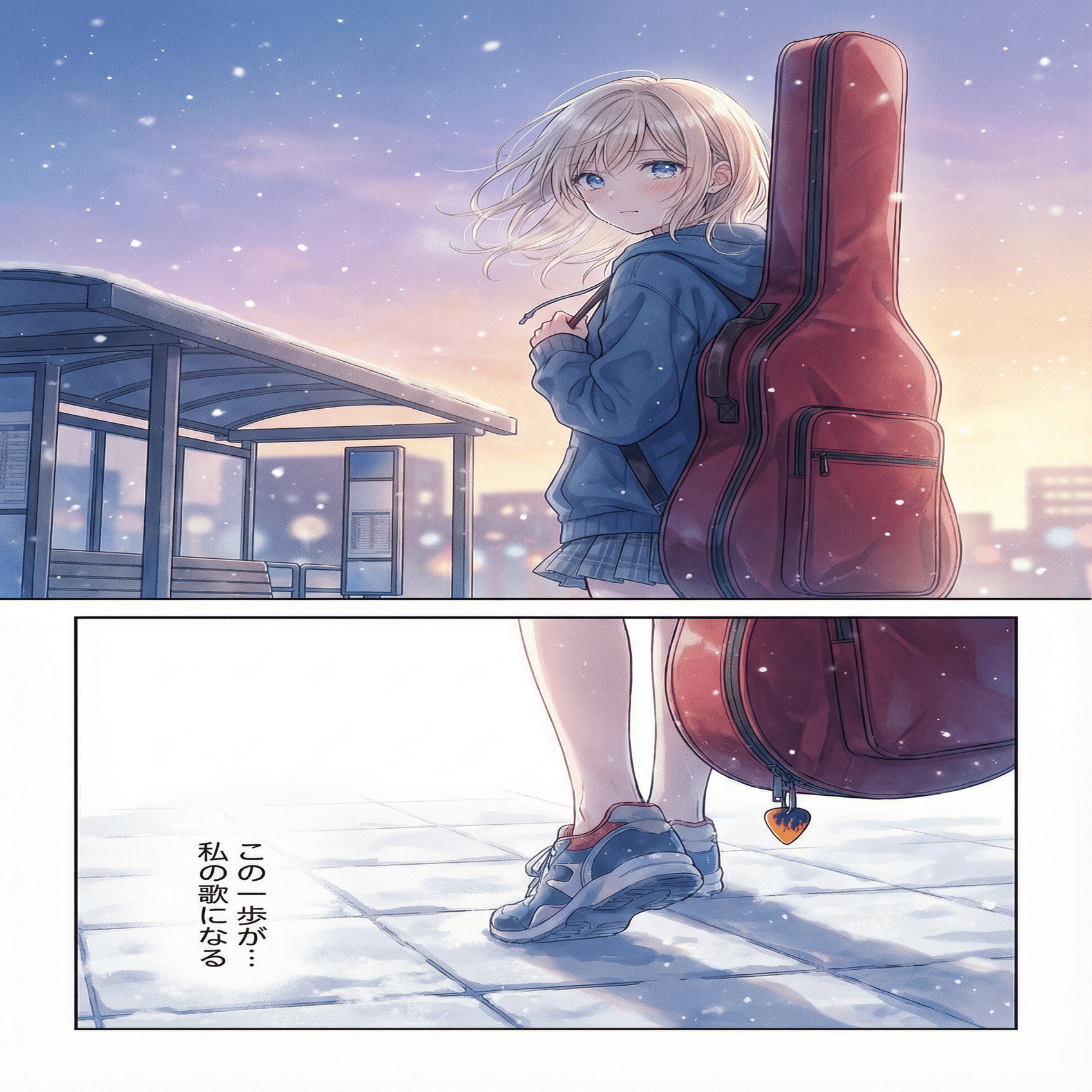 冬のバス停に、夢のカケラを歌う【画像生成AI / 4コマ漫画 / 短編