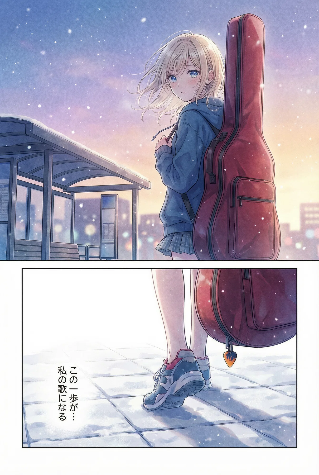 冬のバス停に、夢のカケラを歌う【画像生成AI / 4コマ漫画 / 短編 冬のバス停に、夢のカケラを歌う【画像生成AI / 4コマ漫画 / 短編