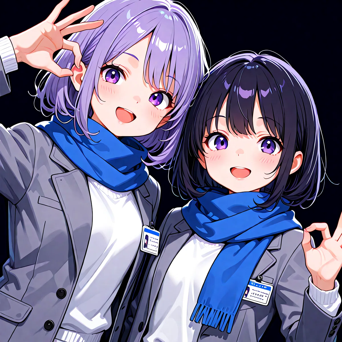 Detailer適用前のオリジナルイラスト。顔や手がやや粗い2人の少女のセルフィー画像