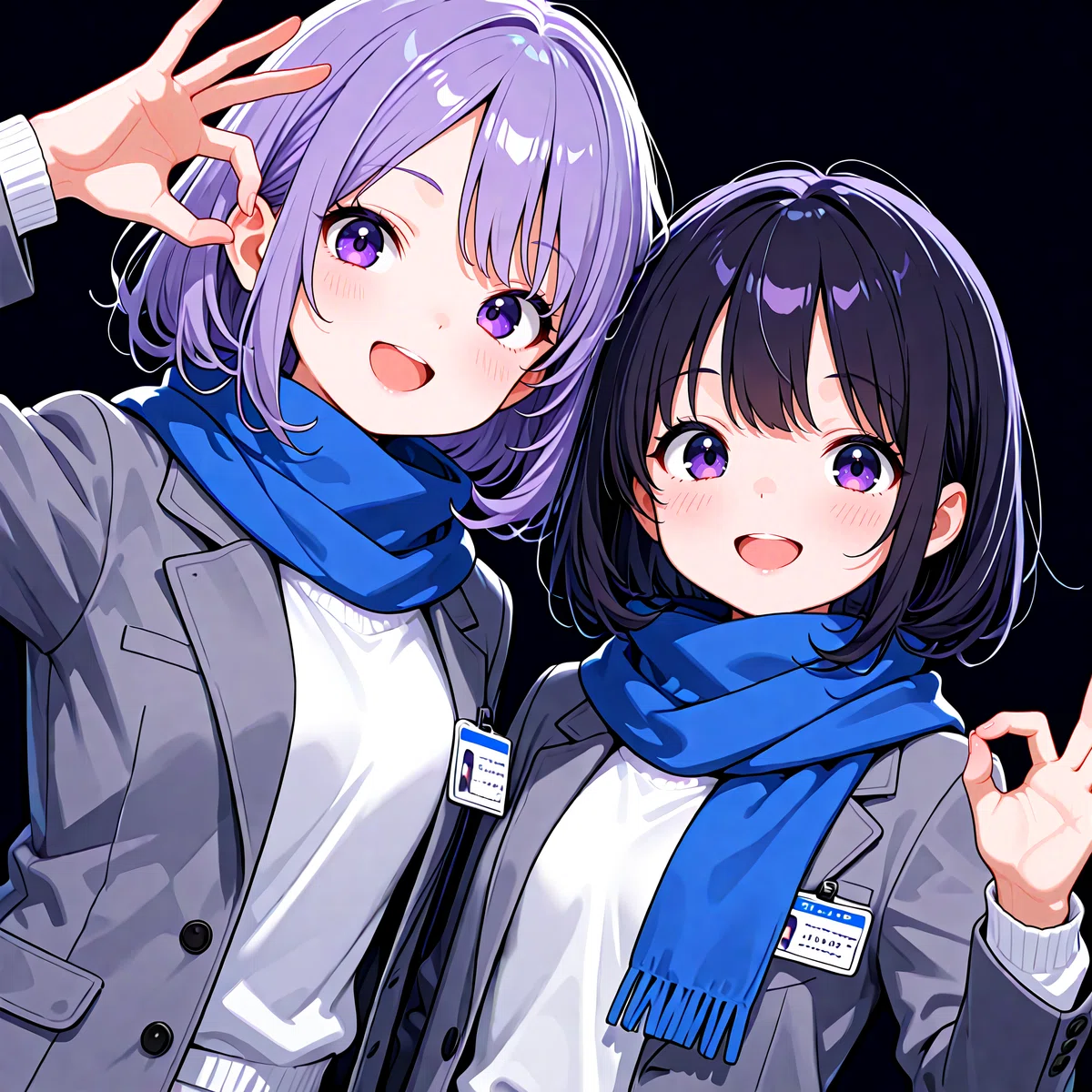 Detailerで顔と手を再描画した後のイラスト。ディテールが向上した2人の少女のセルフィー画像