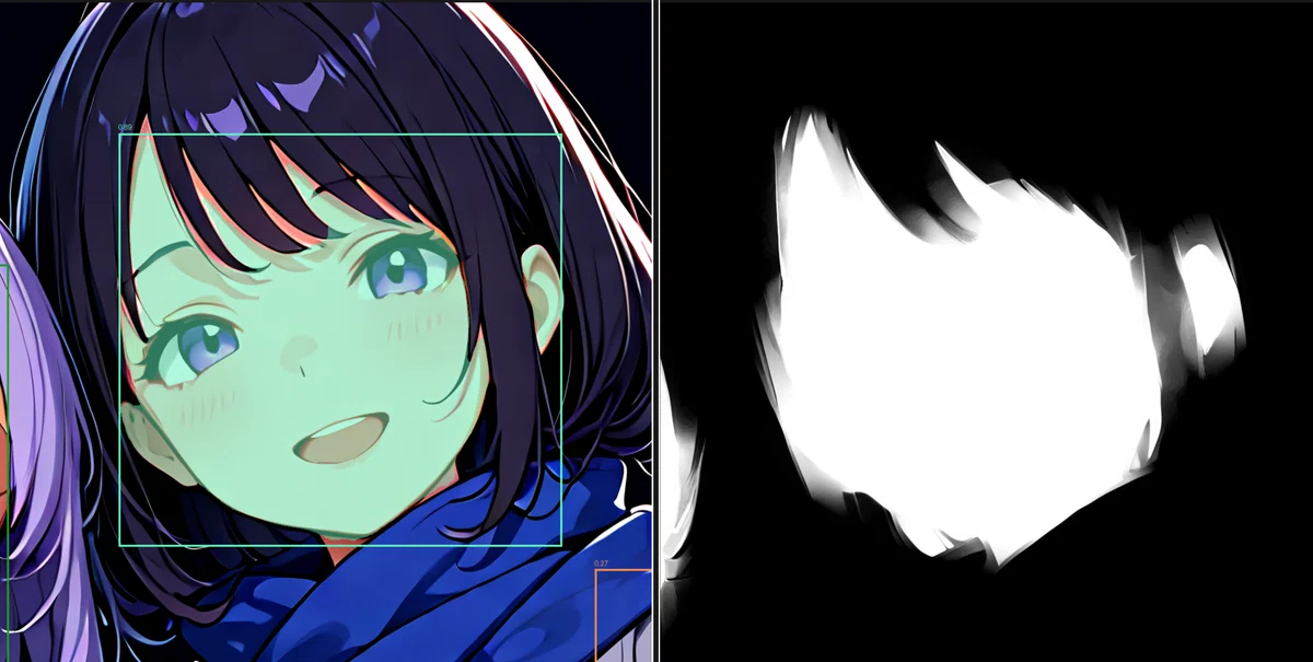 左：SAM3検出の生マスク（輪郭より内側）、右：GrowMaskとImage Mattingで調整後の自然なマスク領域
