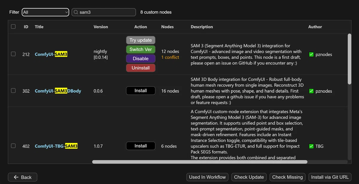 ComfyUI ManagerでのComfyUI-SAM3カスタムノードインストール画面
