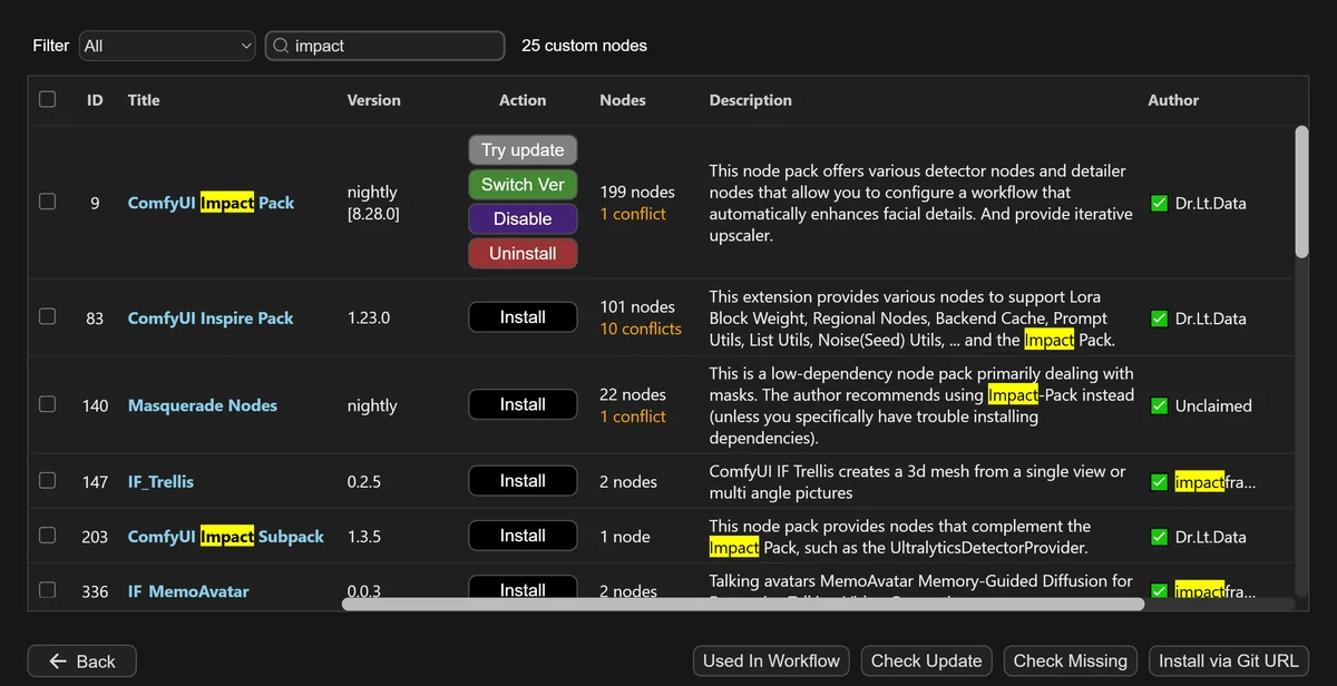 ComfyUI ManagerでのComfyUI-Impact-Packカスタムノードインストール画面