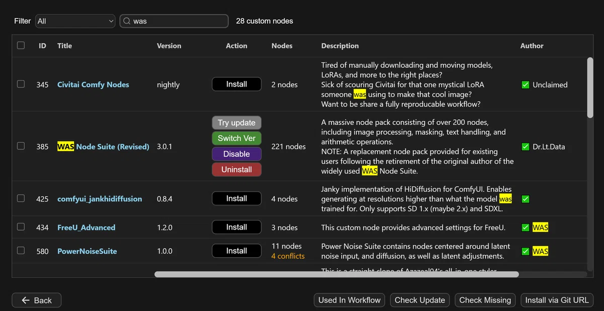 ComfyUI Managerでのwas-node-suiteカスタムノードインストール画面