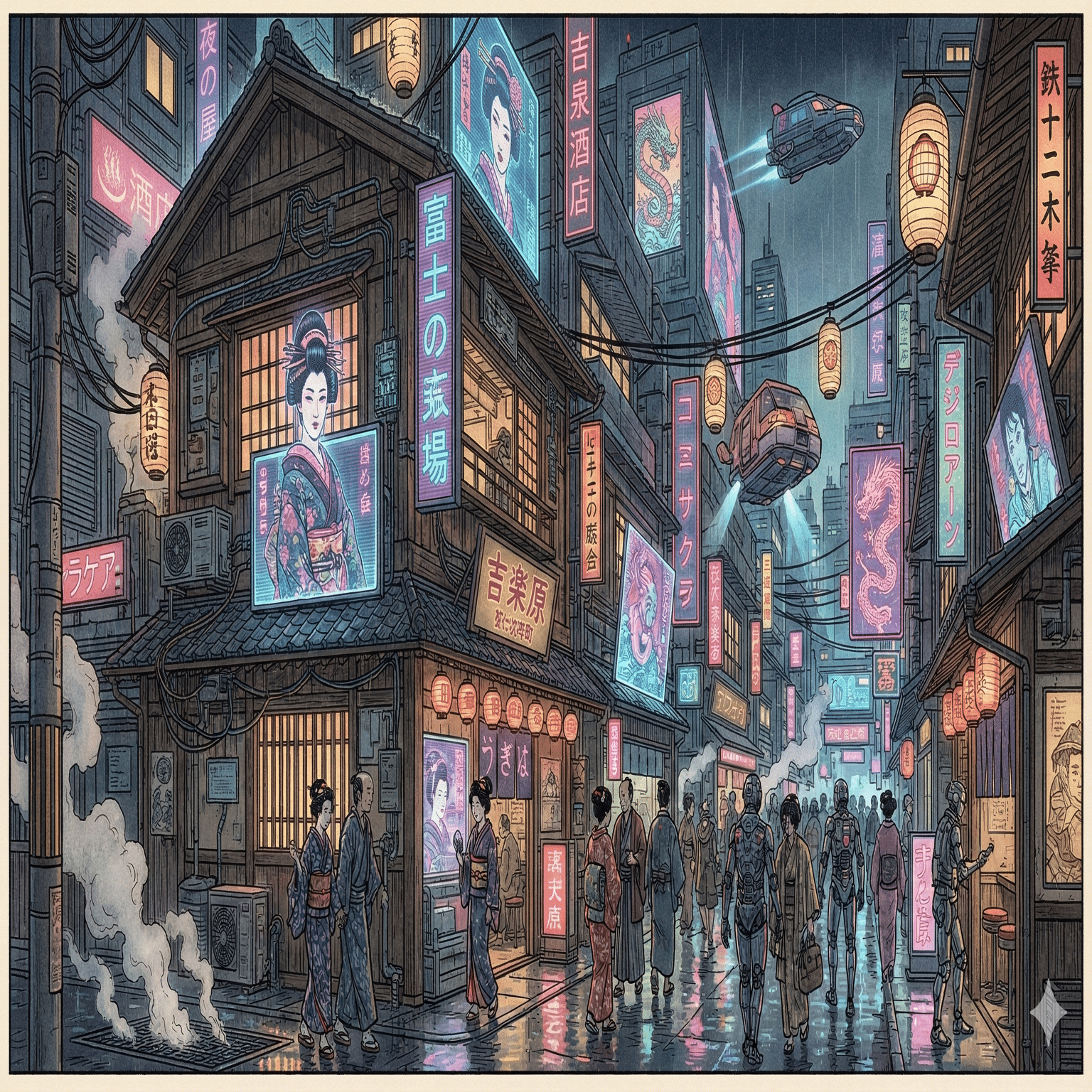 作品例】江戸×未来。Geminiで作った「サイバーパンク浮世絵」素材集｜rin39