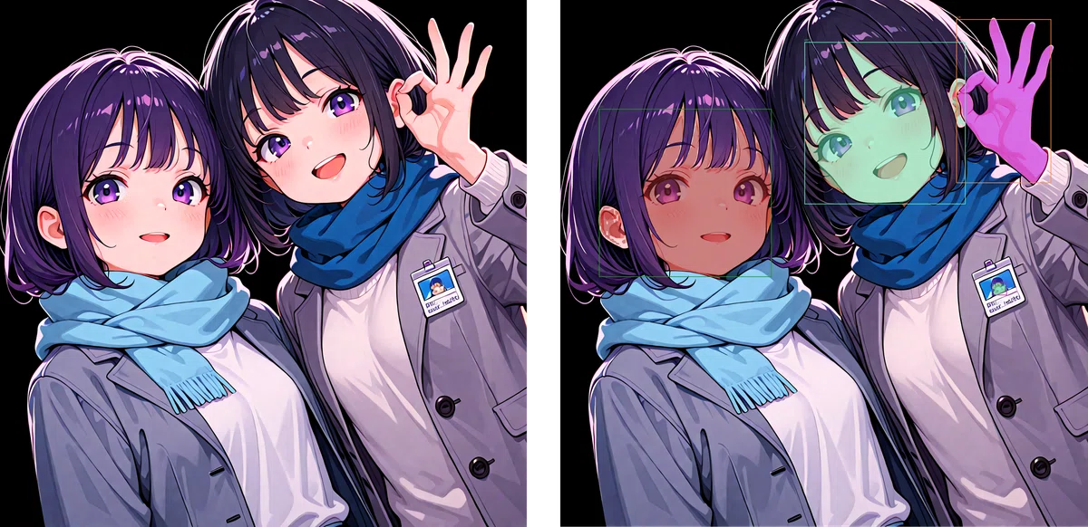 処理前のオリジナルイラストとSAM3による顔・手検出