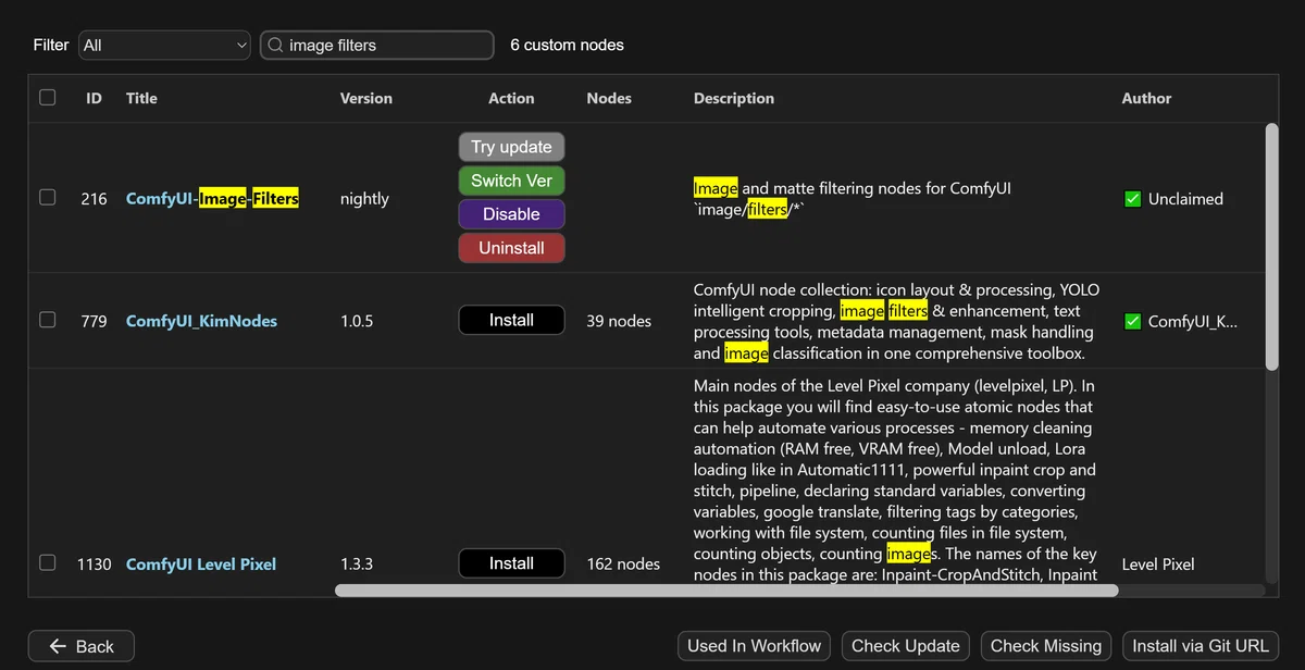 ComfyUI ManagerでのComfyUI-Image-Filtersカスタムノードインストール画面