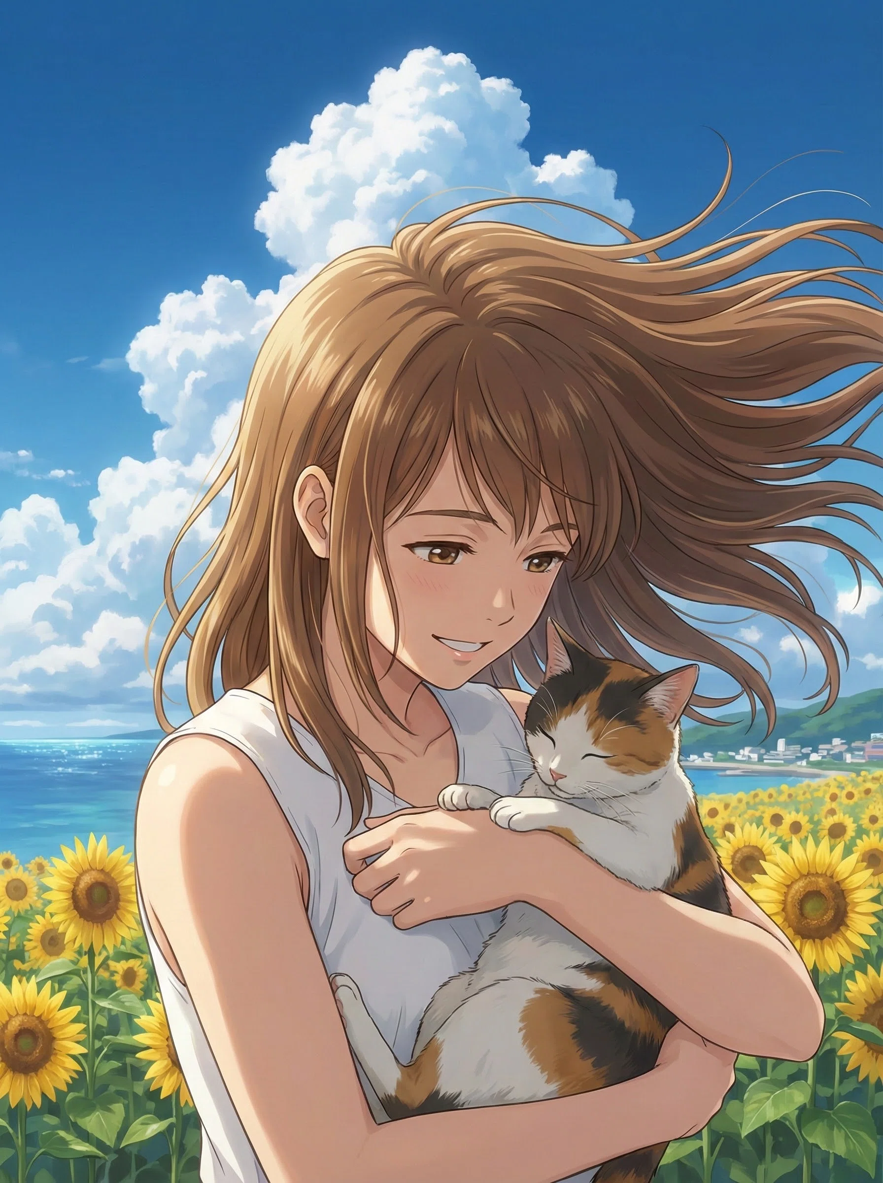 AIイラスト】夏の海辺のひまわりと猫と少女｜mikasa