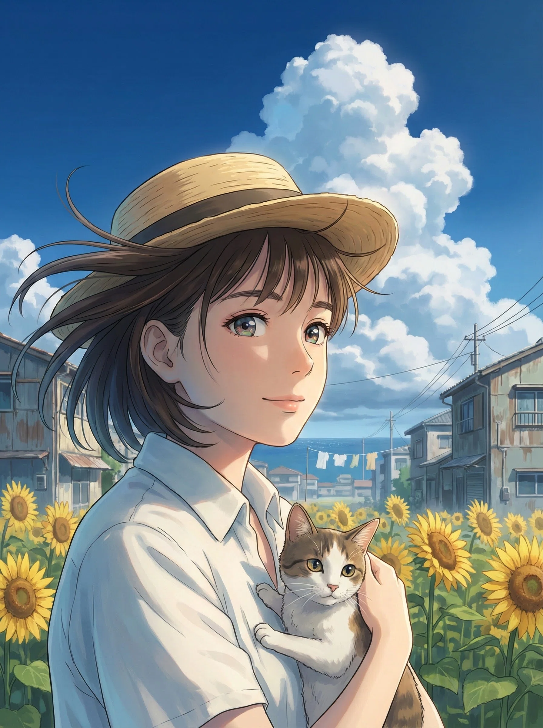 AIイラスト】夏の海辺のひまわりと猫と少女｜mikasa
