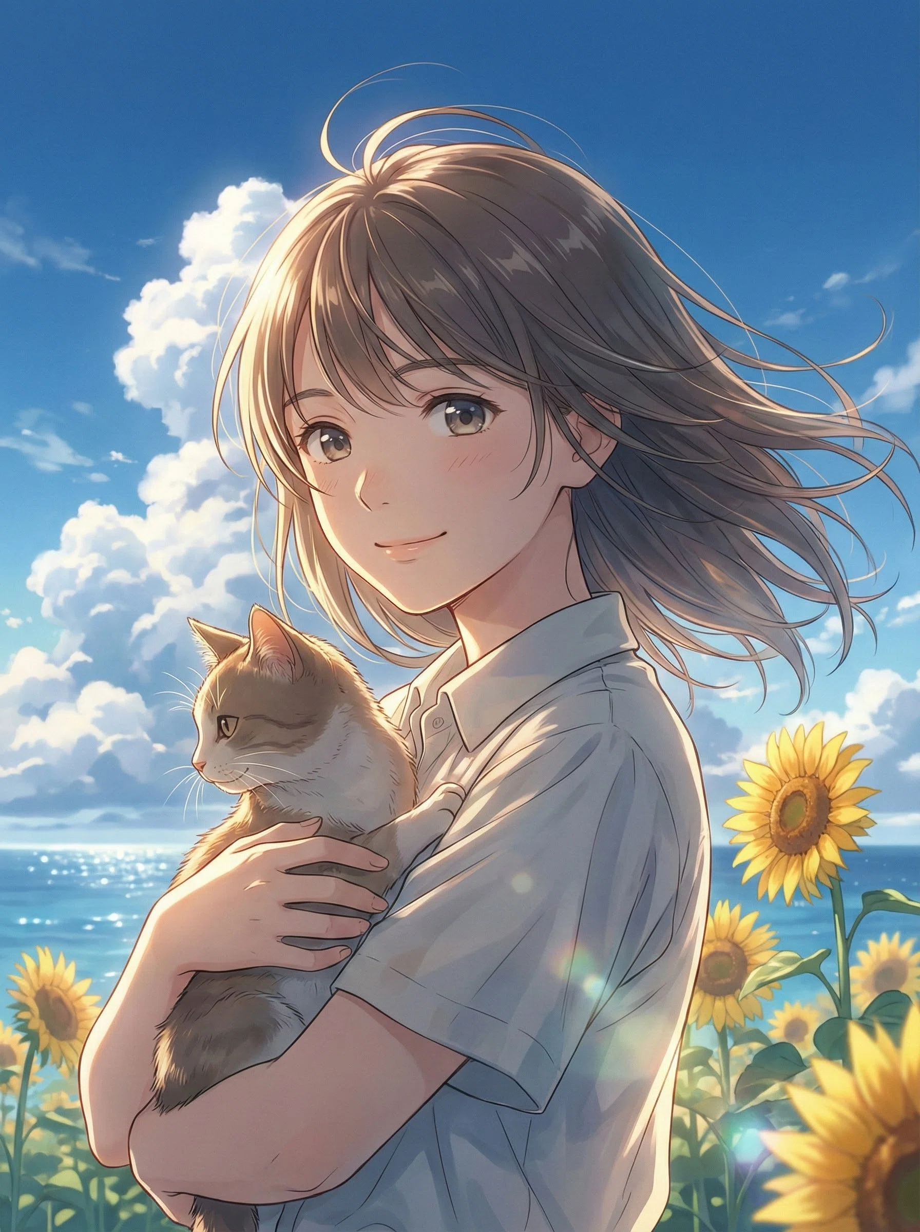 AIイラスト】夏の海辺のひまわりと猫と少女｜mikasa