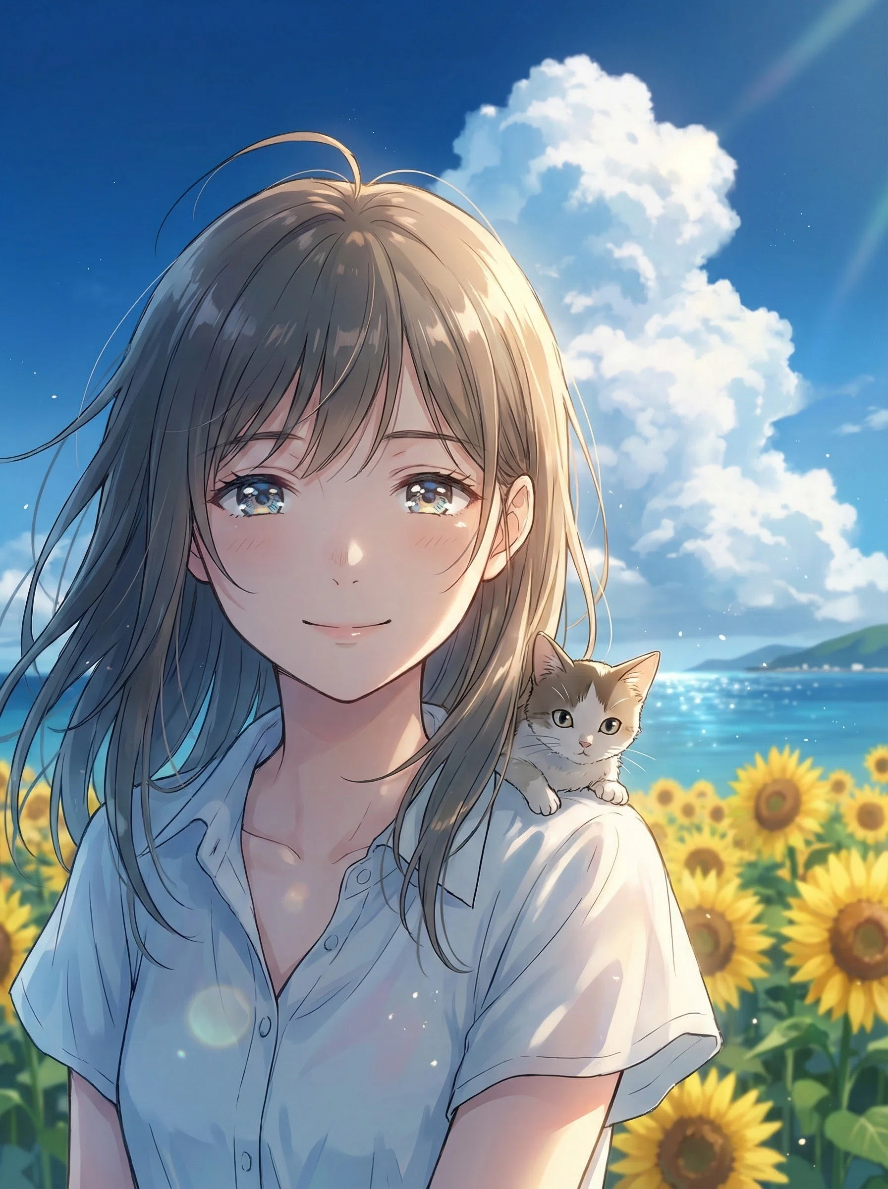 AIイラスト】夏の海辺のひまわりと猫と少女｜mikasa