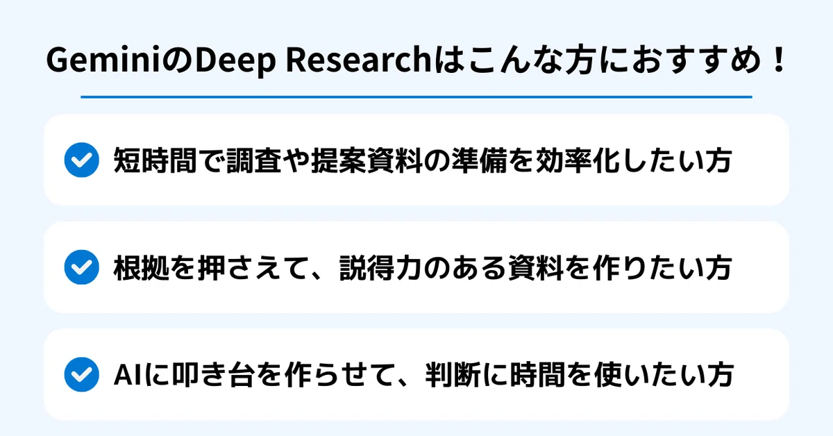 GeminiのDeep Researchはこんな方におすすめ！
短時間で調査や提案資料の準備を効率化したい方根拠を押さえて、説得力のある資料を作りたい方
AIに叩き台を作らせて、判断に時間を使いたい方