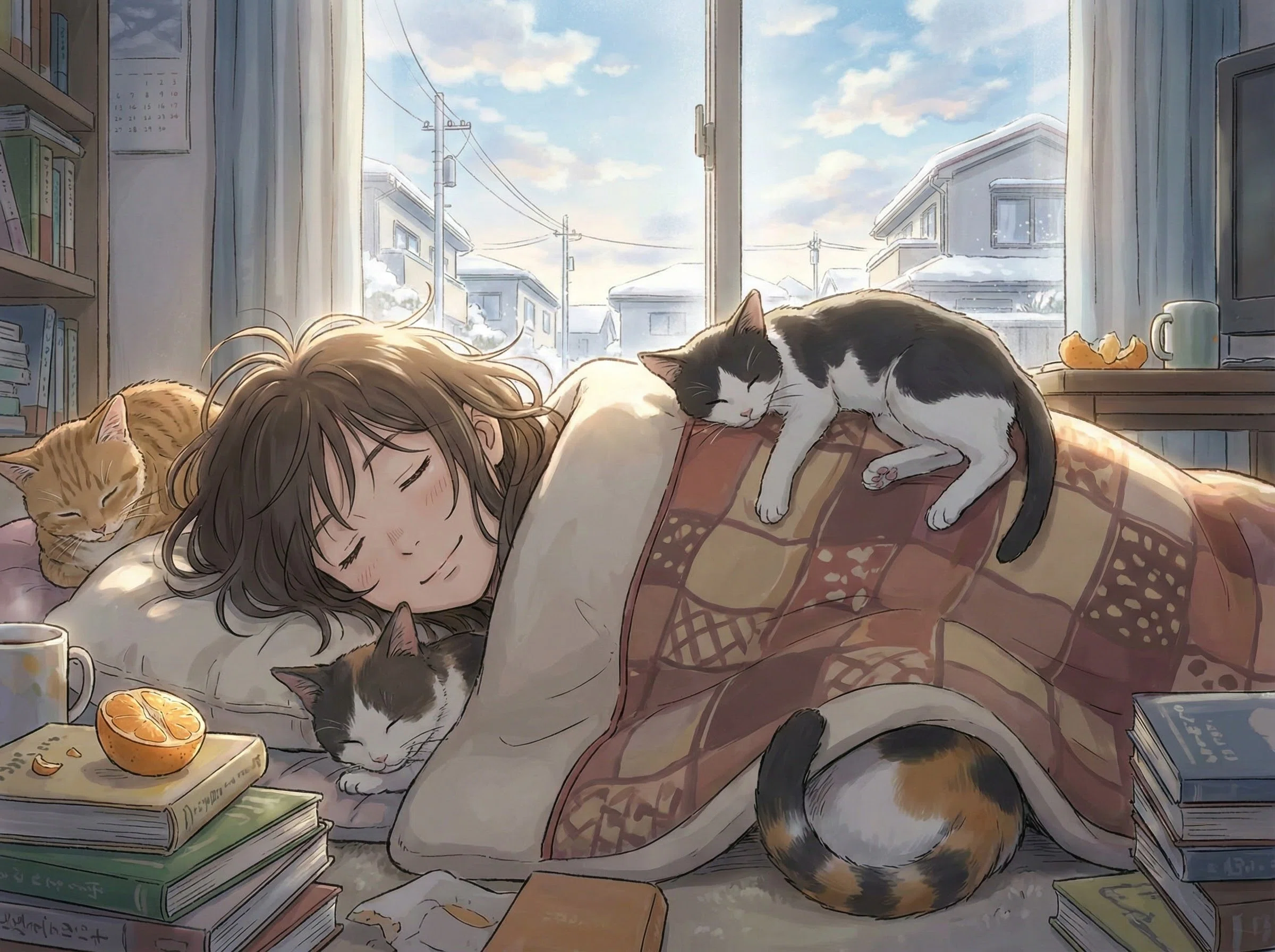 AIイラスト】冬。猫と惰眠をむさぼる。｜mikasa