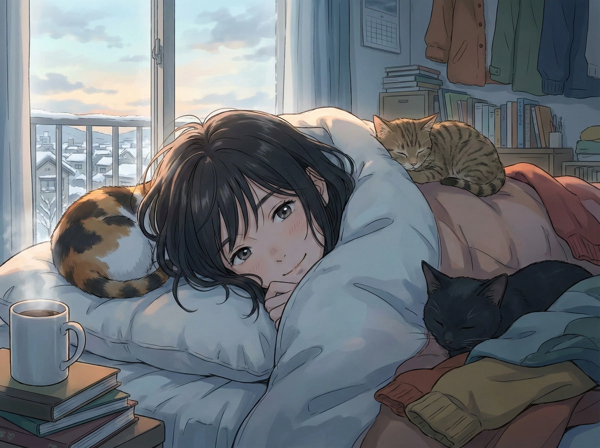 AIイラスト】冬。猫と惰眠をむさぼる。｜mikasa