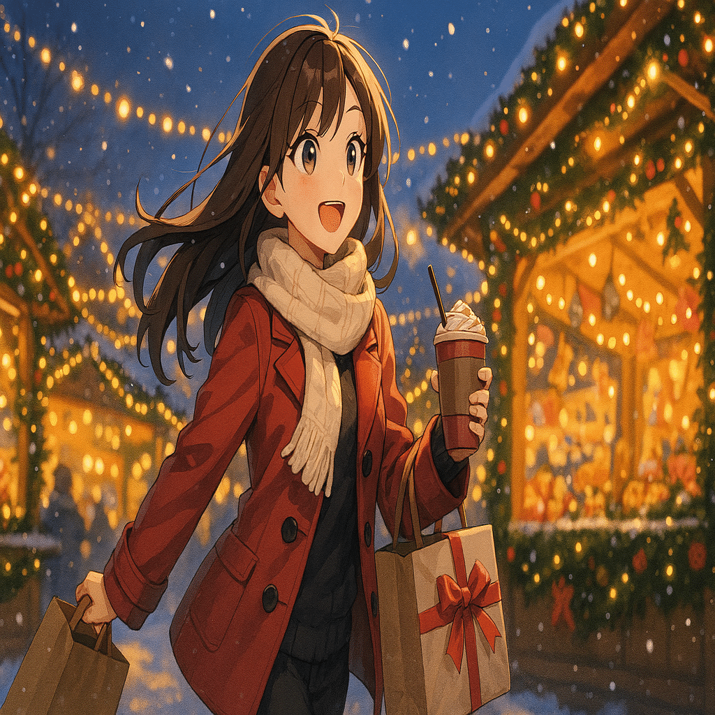 画像生成AI入門】#EX001 「クリスマスマーケット」ホットココア片手に