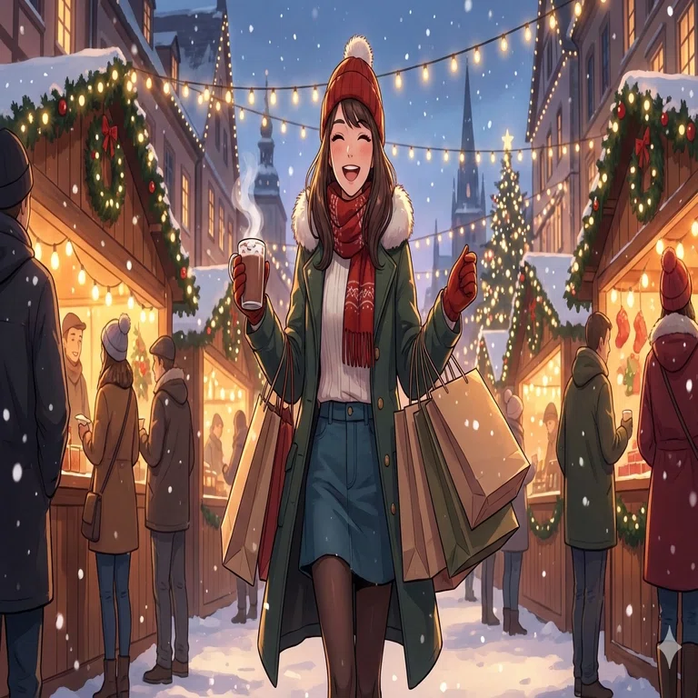 画像生成AI入門】#EX001 「クリスマスマーケット」ホットココア片手に