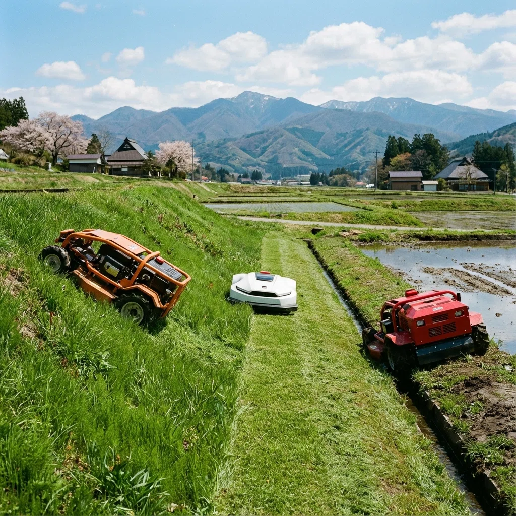 【2025年】稲作5〜10haの畦畔・用水路沿いで失敗しない：自律走行草刈り機「実名3機種」徹底比較（最大傾斜・境界・安全停止）｜なかだんご