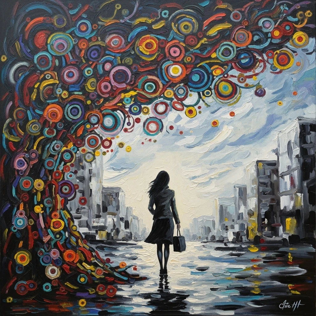 AI画像 de 抽象主義の油彩画（孤独と喧騒、悲しみと希望）｜茜町春彦