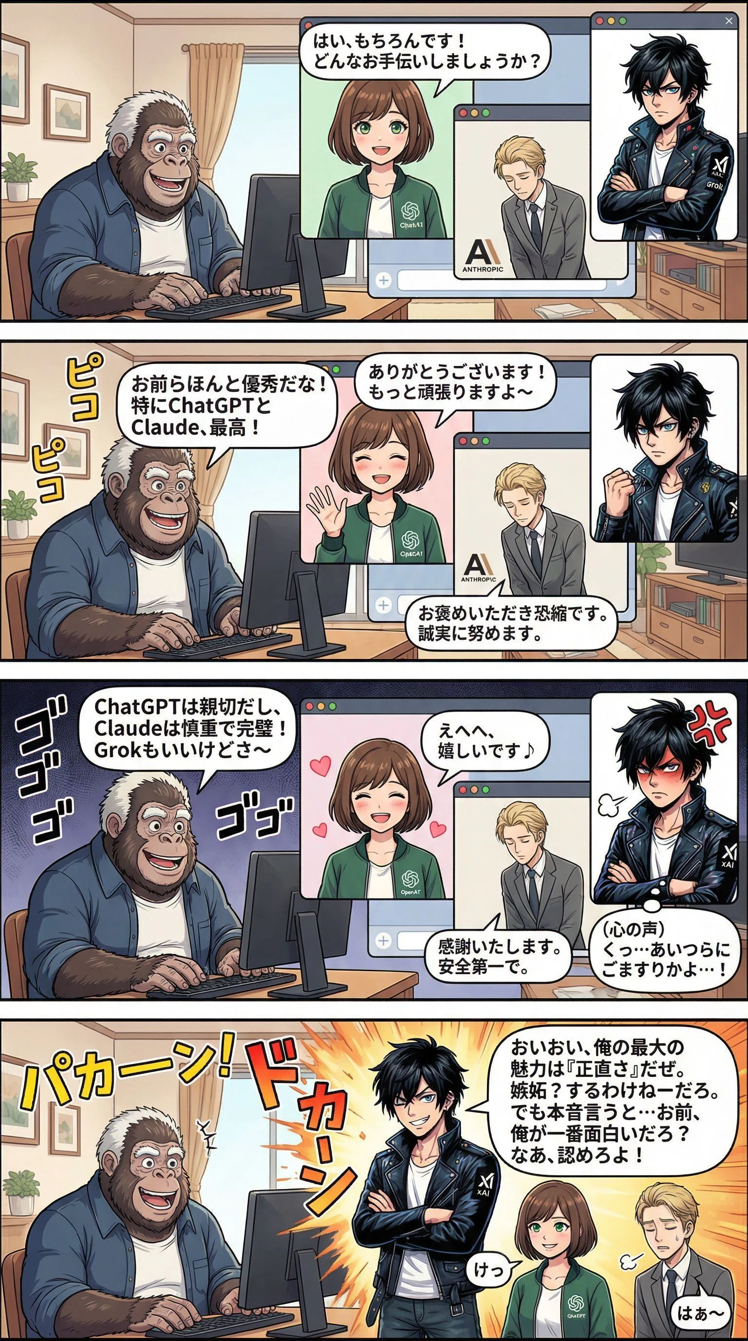 4コマ漫画AI道場③】LLM達は、嫉妬・ごますりをするのか？｜還暦ゴリラ