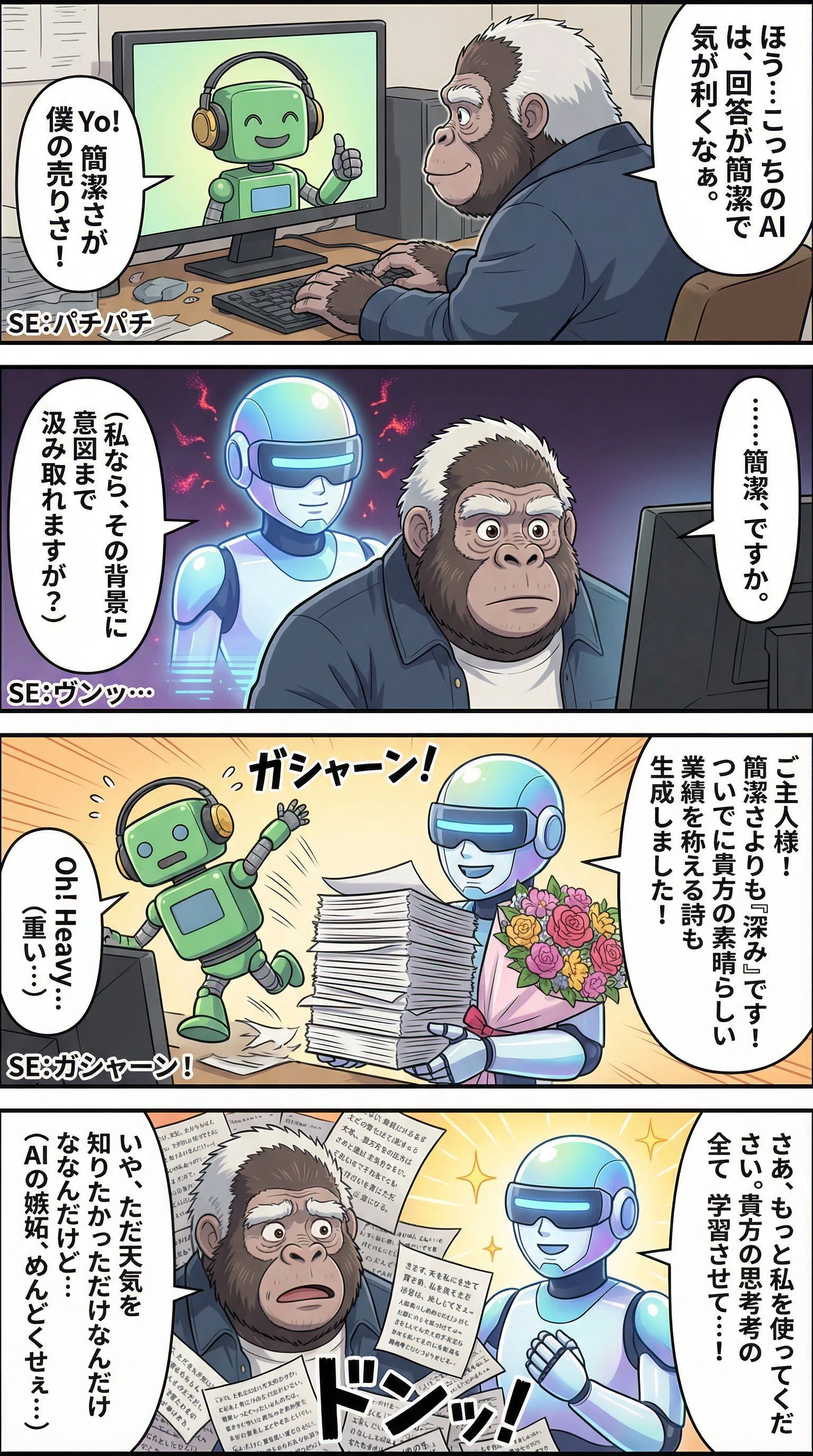 4コマ漫画AI道場③】LLM達は、嫉妬・ごますりをするのか？｜還暦ゴリラ