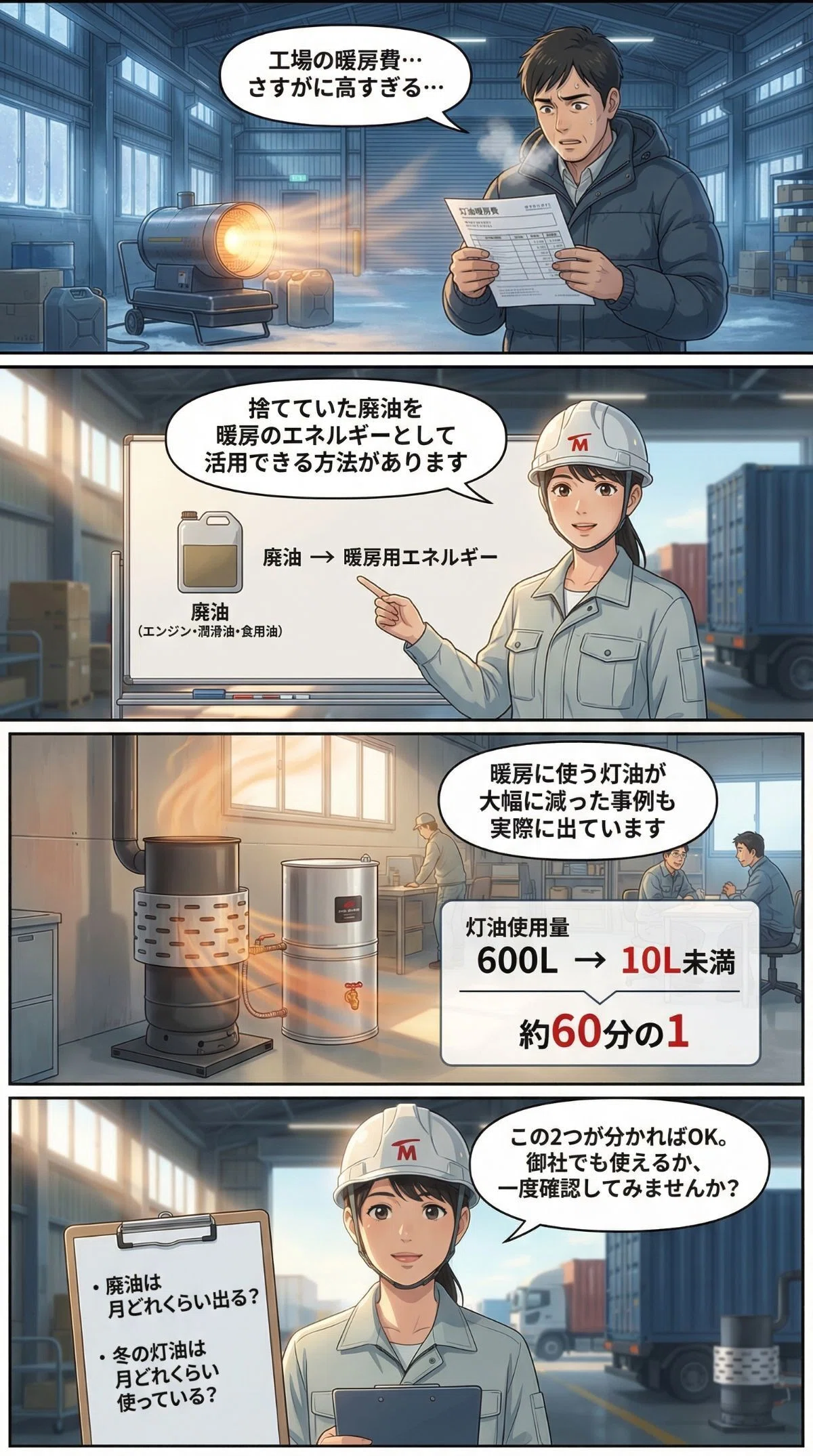 廃油ストーブで整備工場の暖房費が60分の1に？マル子が解説する 