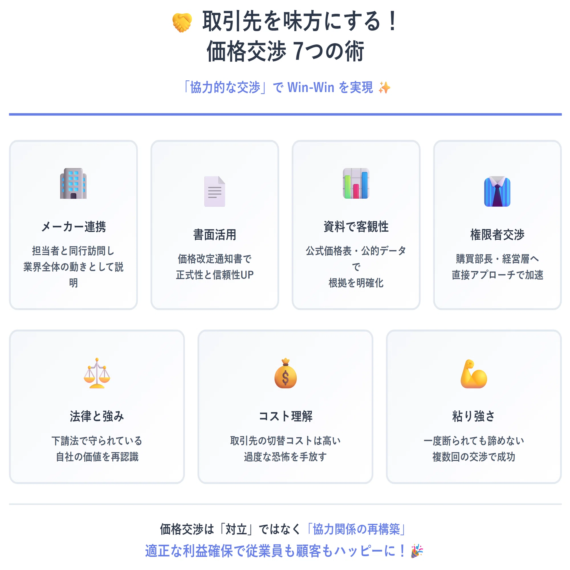 価格交渉取組事例】取引先を味方にする!「協力的な交渉」を生む7つの 