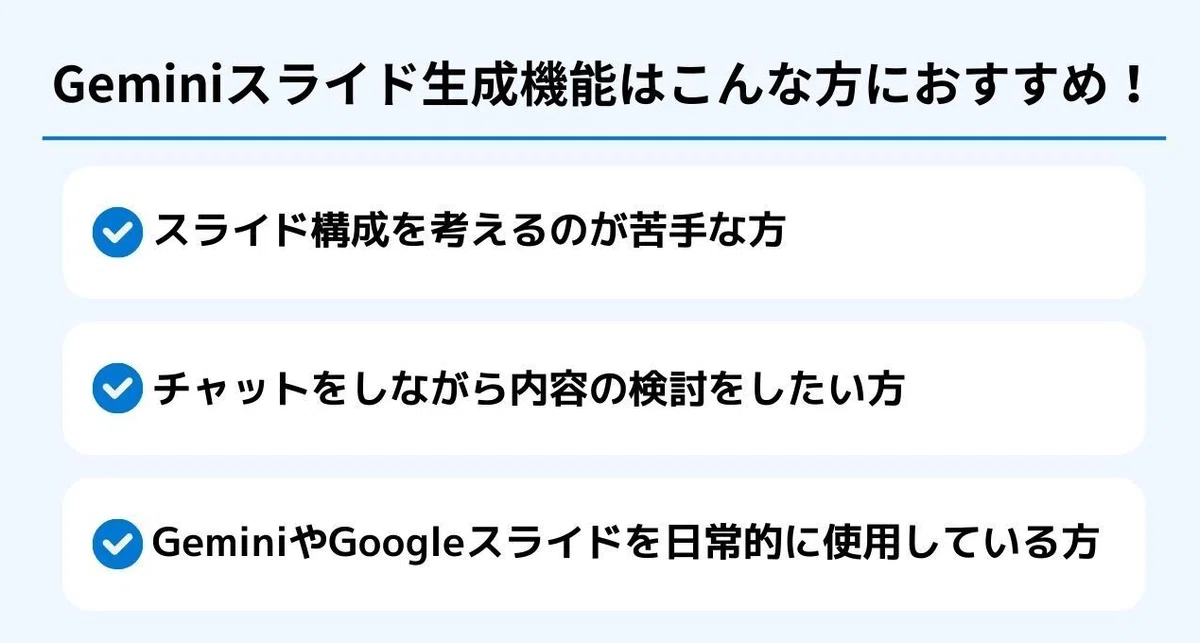 Geminiスライド生成機能はこんな方におすすめ スライド構成を考えるのが苦手な方 チャットをしながら内容の検討をしたい方 GeminiにはGoogleスライドを日常的に使用している方