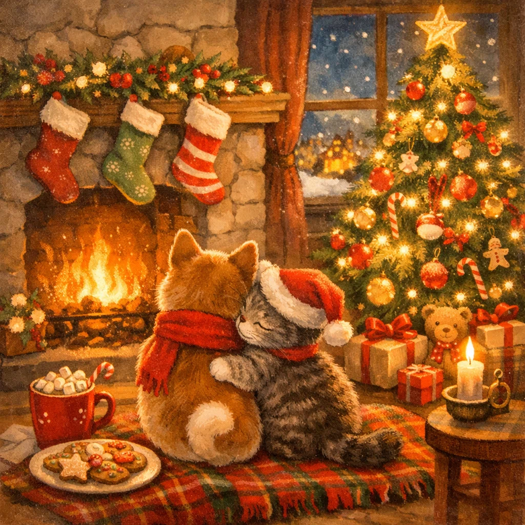 I generated images of a cozy Christmas scene and a snowy winter