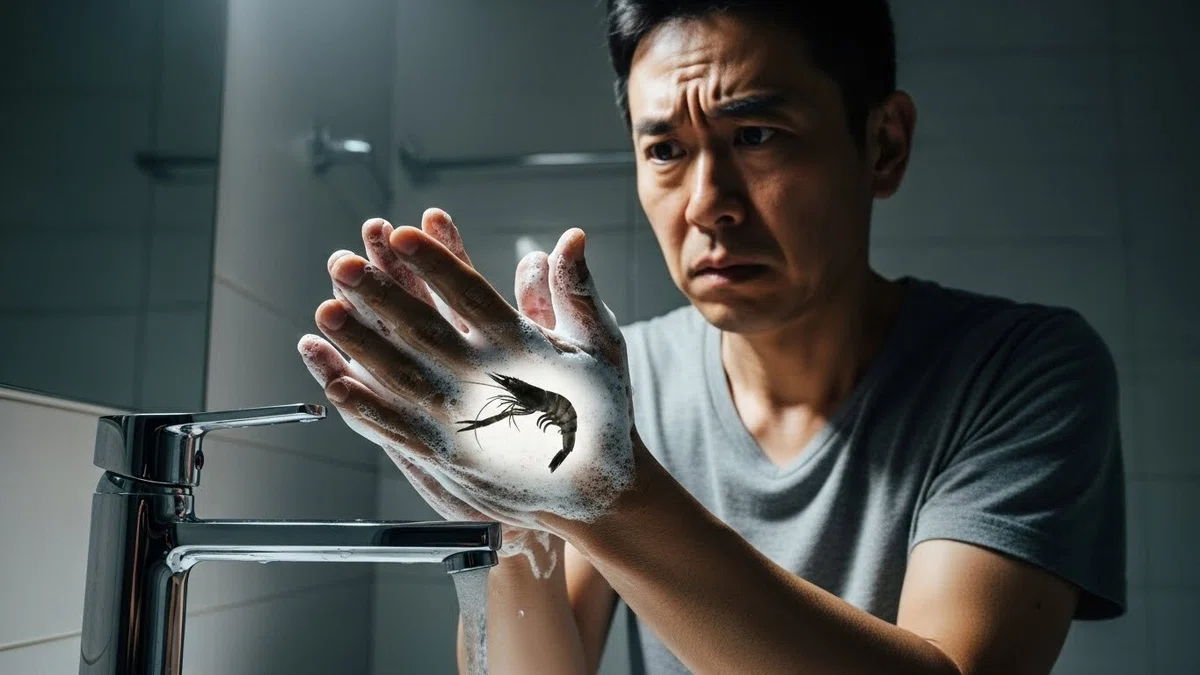 手に染み付いたアミエビの臭いに絶望しているおじさん