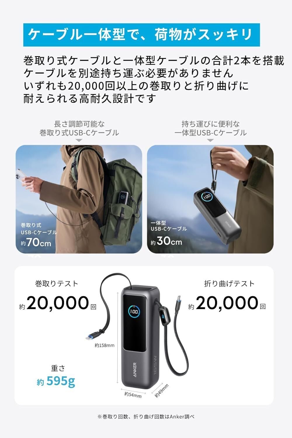 超大容量165W出力】Anker Power Bank 25000mAh:ビルトイン&巻取り式