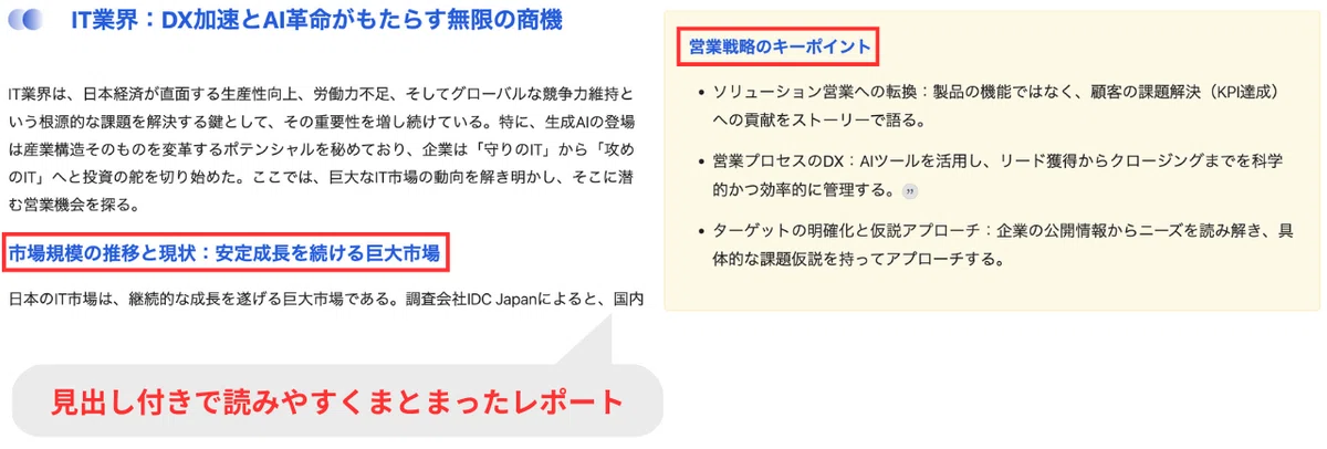 2万字近いレポートが出力され、レポートは見出し付きで非常に読みやすい