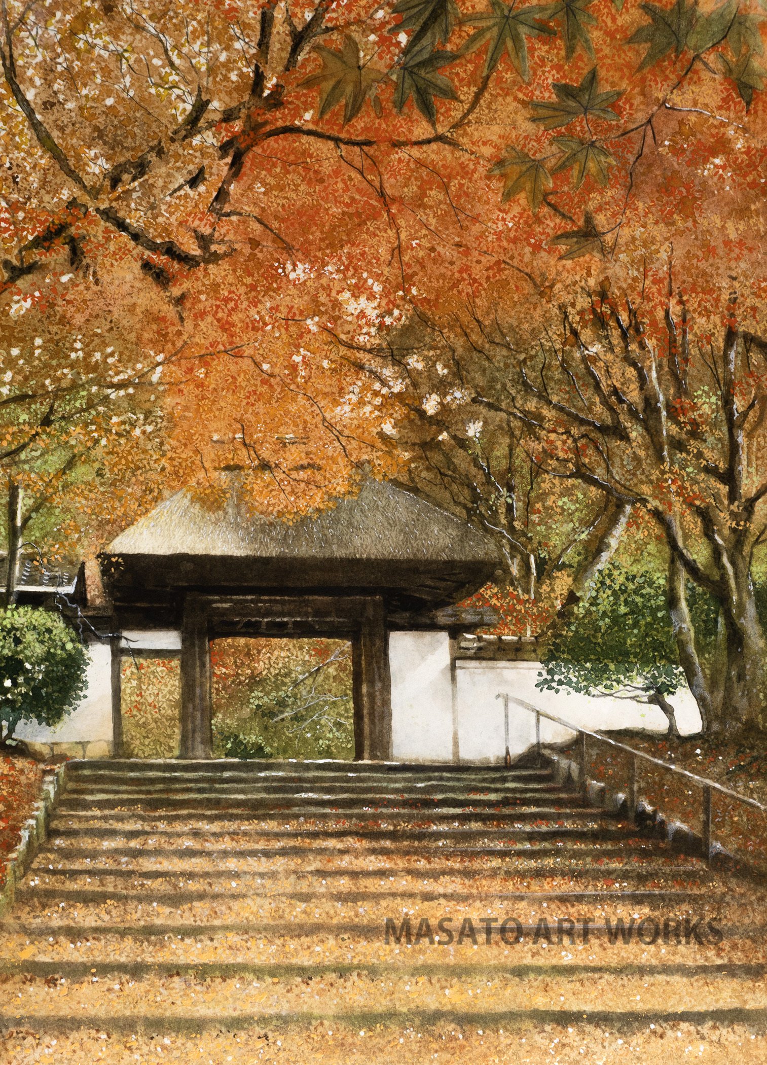 臨場感を表現した秋の風景水彩画2作品・・・京都西芳寺界隈と安楽寺の