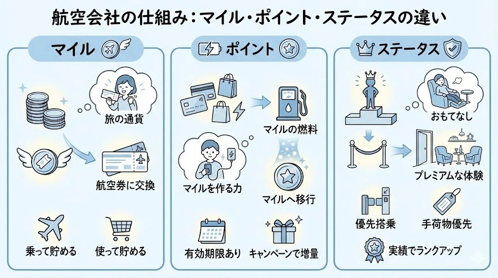 完全保存版】マイル・ポイント・ステータスの違いを5分で解説｜初心者
