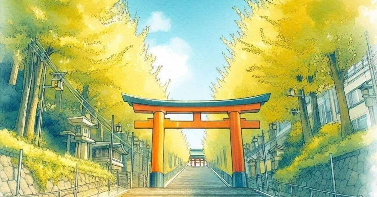 晴れた日の銀杏並木と神社の鳥居、高い石段