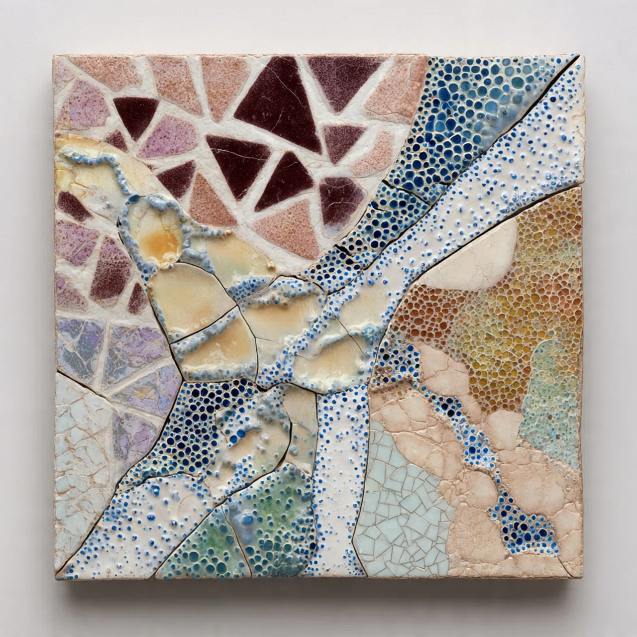 AI画像 de 平面的な陶芸作品（抽象、三角不定形点モザイク）｜茜町春彦
