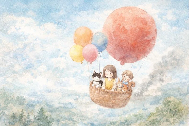 miyoko 子供と風船の水彩画 風船に乗って～Sunoと～｜片桐 みかん