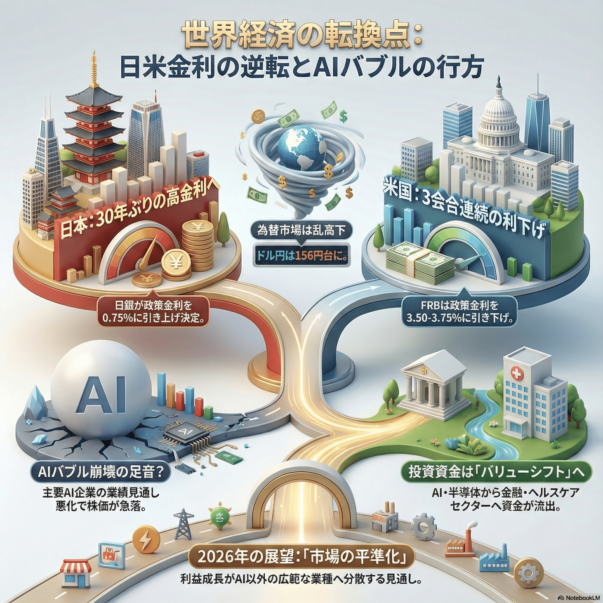 2025年最終盤の激震：日米金利の「逆転現象」とAIバブルの行方（2025年第3週：今週の世界経済ニュースヘッドライン）｜y-kishioka