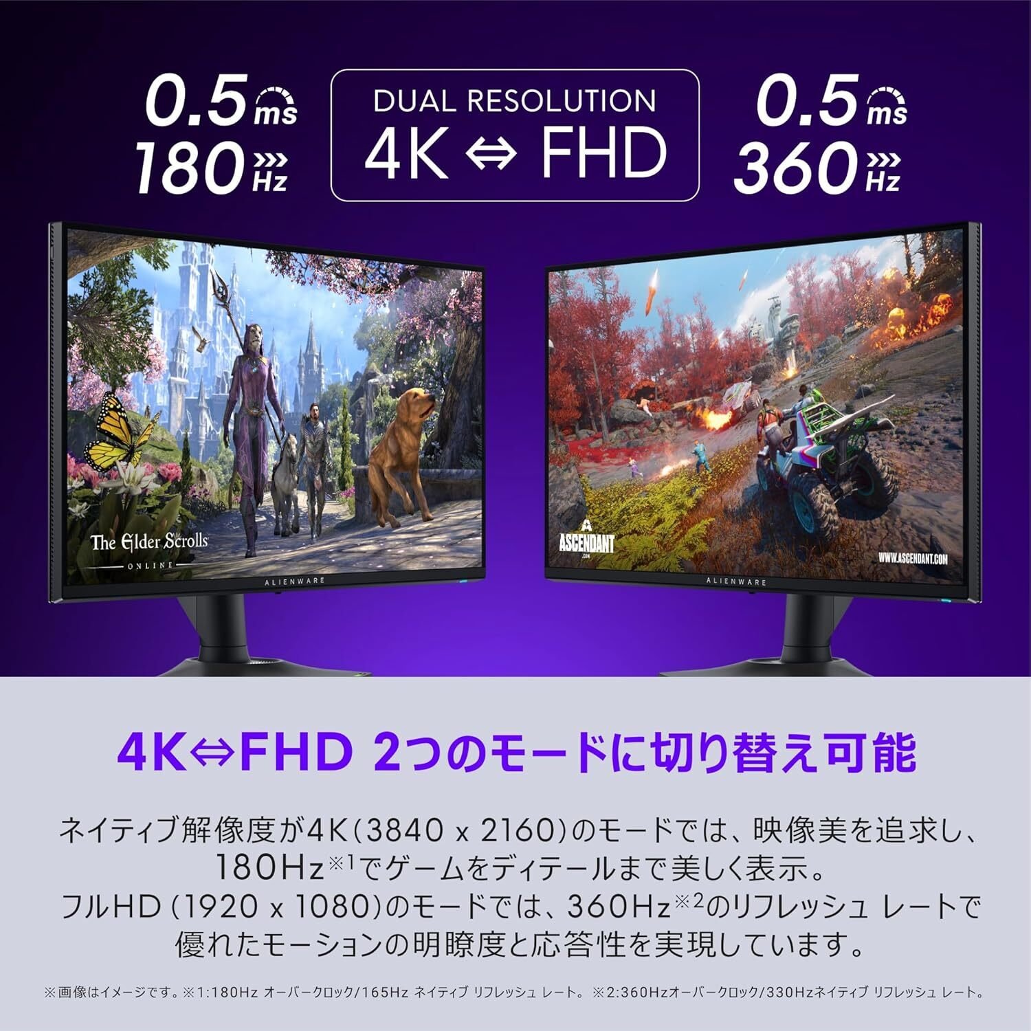 Dell AW2725QF-A 27インチ デュアル解像度(4K/FHD) 4K/180Hz表示とフルHD/360Hzを切り替える「デュアル解像度」機能を備え