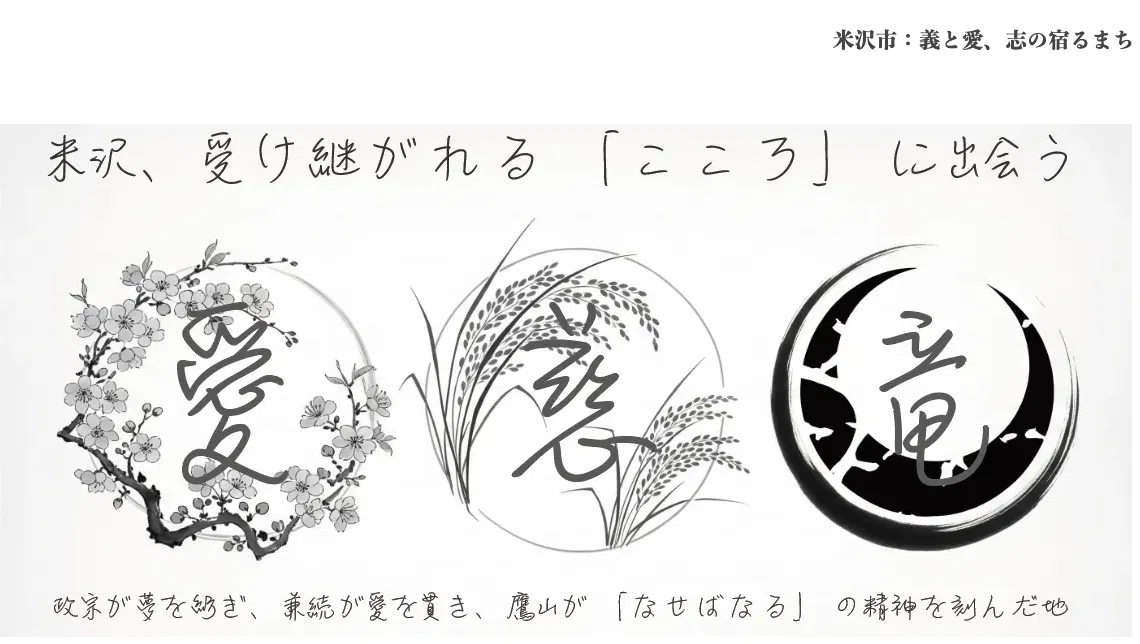 米沢市:義と愛、志の宿るまち
政宗が夢を紡ぎ、兼続が愛を貫き、鷹山が「なせばなる」の精神を刻んだ地
